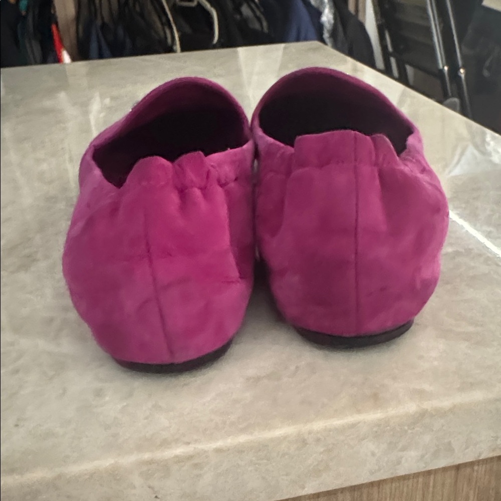 Tory Burch Fuchsia Suede Logo Loafers - Picture 4 of 5